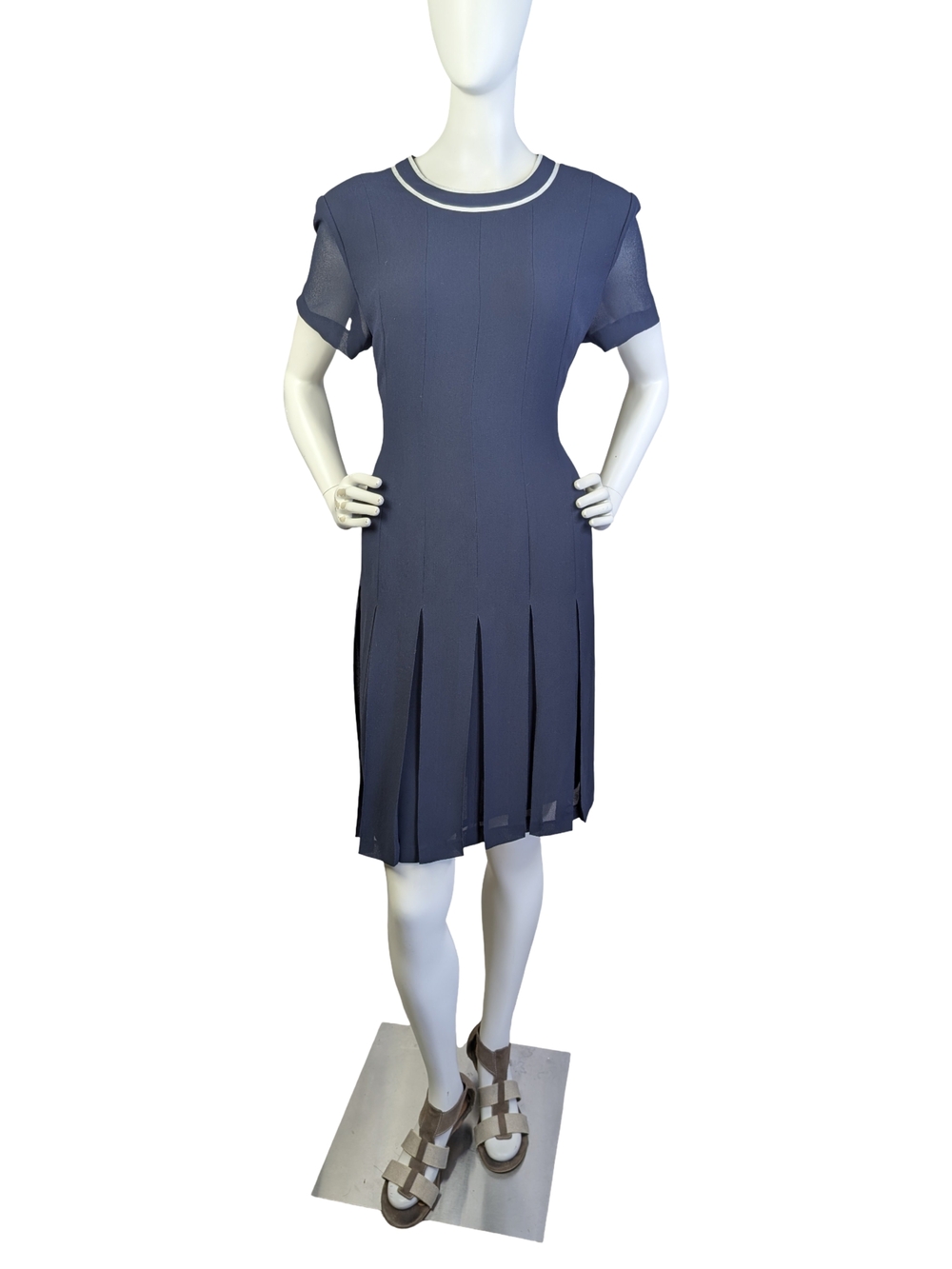 Vintage 90s Navy Pleated Dress Sheer Sleeves | Preppy Grunge Academia | Size 12 - Picture 2 of 10
